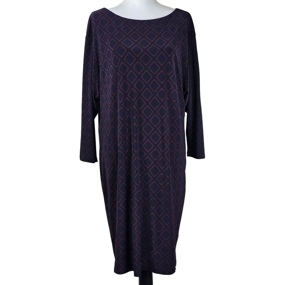 Lauren Ralph Lauren Stretch Knit Midi Dress 14 Navy Geometric 3/4‎ Sleeves